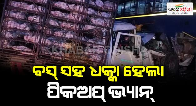Khabar Odisha:A-pickup-van-carrying-chicken-collided-with-the-bus