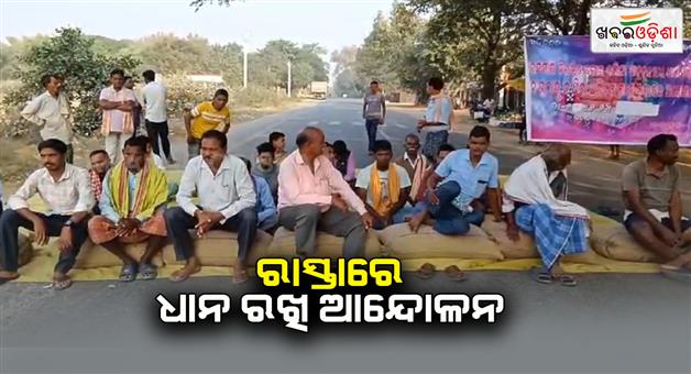 Khabar Odisha:bargarh-Farmers-protest-by-laying-crop-on-the-road